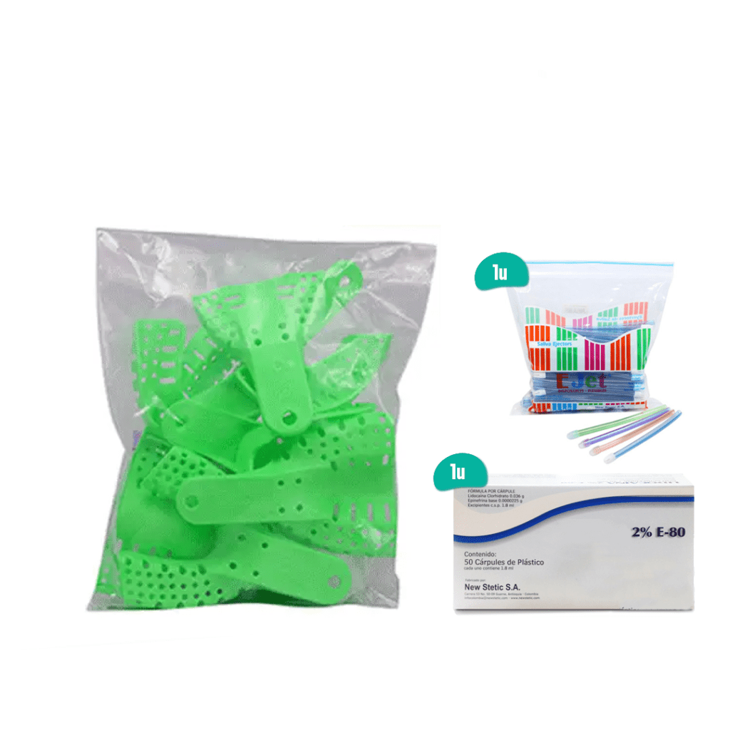 BOLSA DE CUBETAS DE IMPRESIÓN AUTOCLAVABLE ORO+ 1 BOLSAS DE EYECTORES DE SALIVA NEW STETIC+ 1 CAJA DE LIDOCAINA E-80 AL 2% NEW STETIC