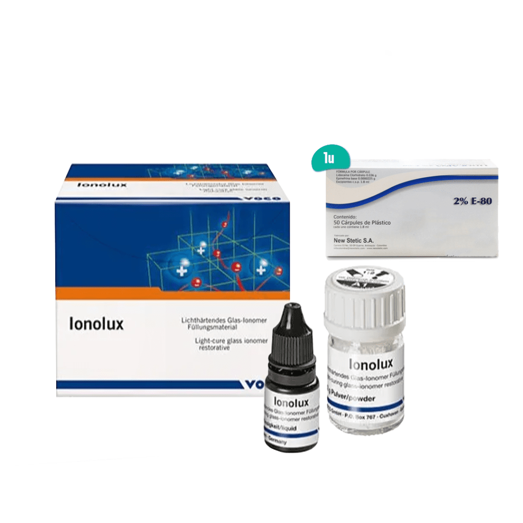 IONOMERO FOTOPOLIMERIZABLE IONOLUX A2 VOCO+1 CAJA DE LIDOCAINA E-80 AL 2% NEW STETIC